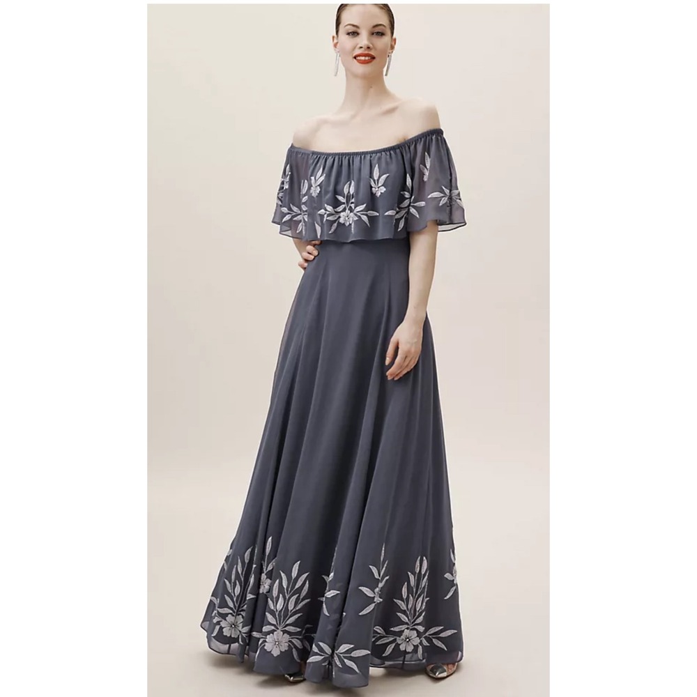 BHLDN Anthropologie Brittany Floral Embroidered Beaded Off Shoulder Maxi Dress